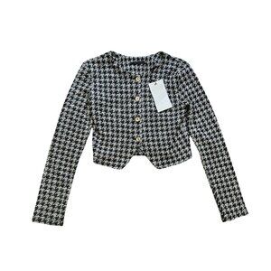 Zara Womens Textured Houndstooth Cropped Jacket S Black White Blazer Gold Button